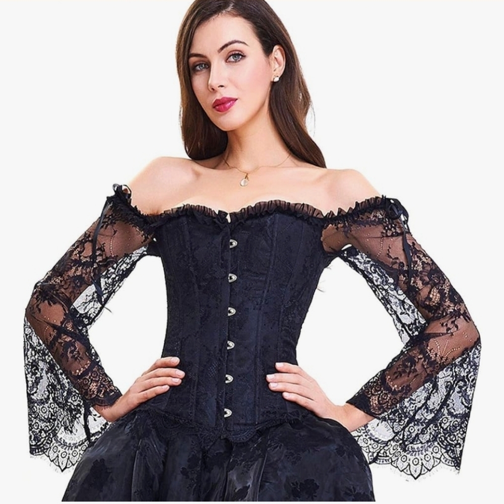 Kimring Victorian Steampunk Overbust Corset With Long Sleeves Off Shoulder Top